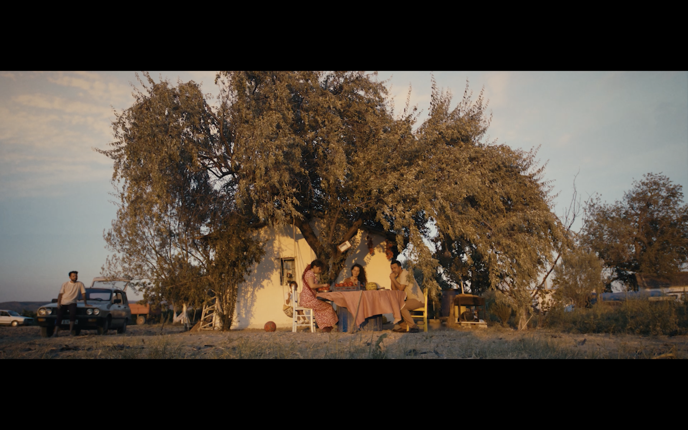 Jar — Figures beside a large tree and a rural house in warm evening light.